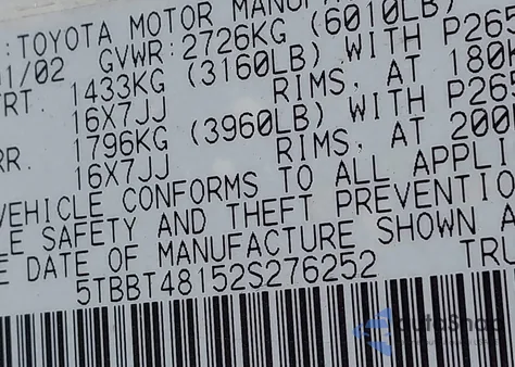 2002 Toyota Tundra Ltd V8 z USA, uszkodzony, nr VIN 5TBBT48152S276252